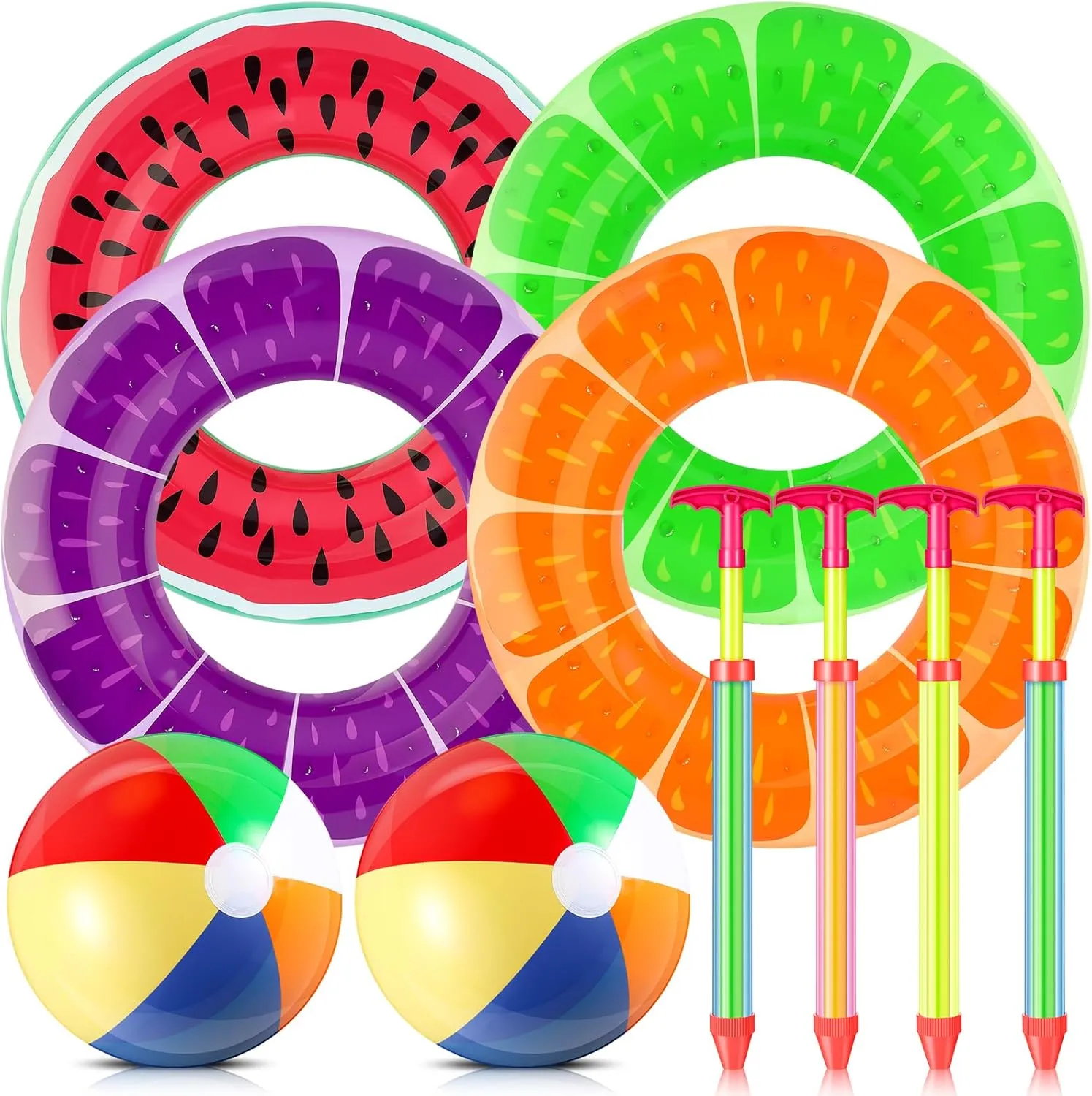 10 Pcs Beach Pool Party Favors 4 Fruit Pool Floats 4 Water Guns 2 Beach Balls Beach Swimming Inflatable Pool Float Swimming Rings Pool Supplies for Summer Parties and Water Games
