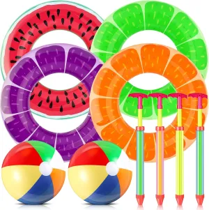 10 Pcs Beach Pool Party Favors 4 Fruit Pool Floats 4 Water Guns 2 Beach Balls Beach Swimming Inflatable Pool Float Swimming Rings Pool Supplies for Summer Parties and Water Games