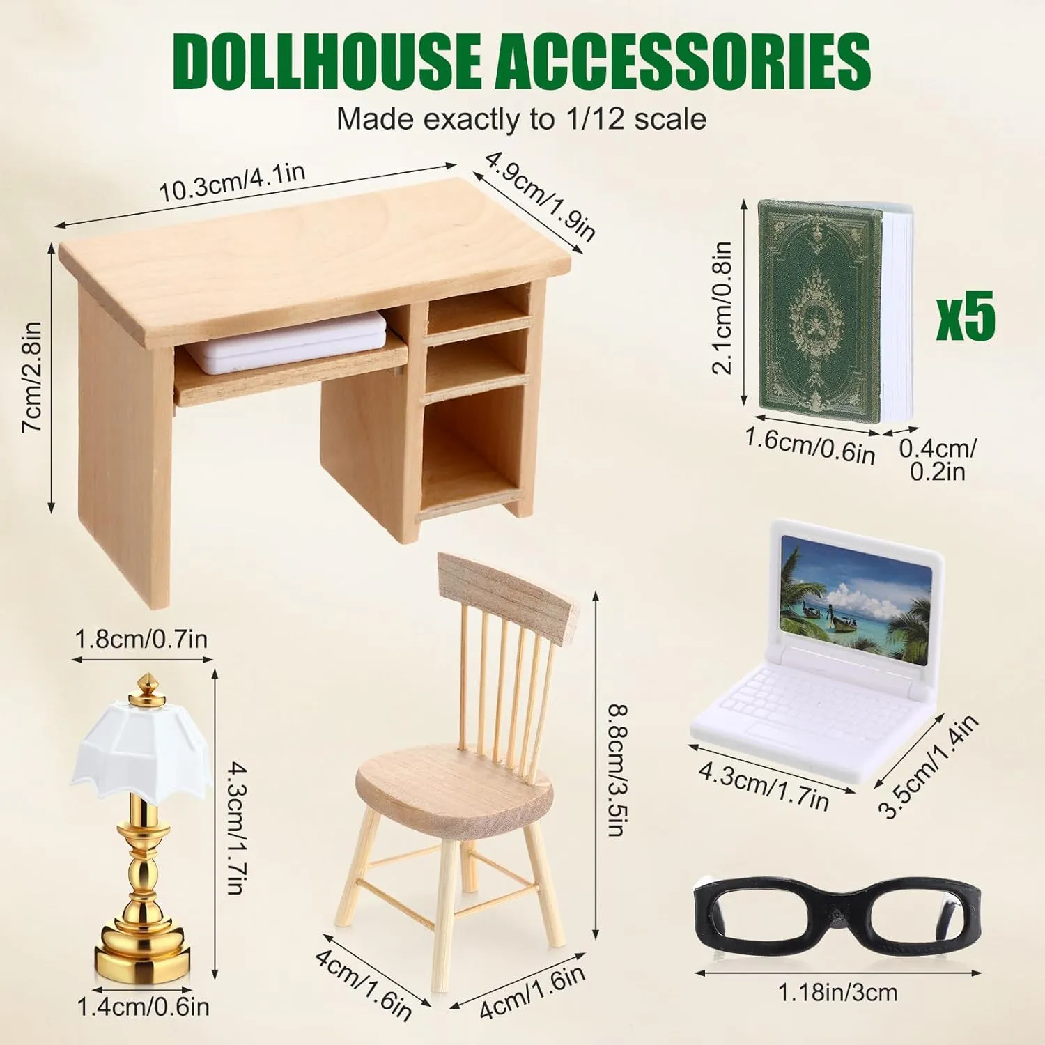 10 Pcs Miniature Dollhouse Furniture Accessories Include Mini Laptop Computer Miniature Book and Office Table Wooden Mini Dollhouse Furniture 1/12 Scale Miniatures Model Set for Dollhouse Study Room