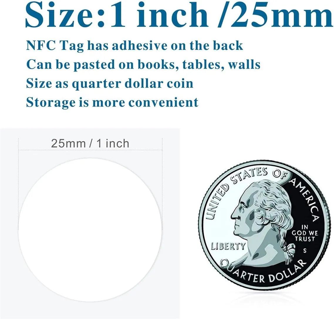 100pcs Mifare Classic 1k NFC Tag Stickers - 13.56mhz RFID, Self-Adhesive, 1 inch Round