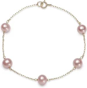 10k Yellow Gold 6.0-6.5mm Cultured Freshwater Pearl Station Chain Bracelet,7.5"