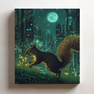 (11 x 14 x 1.25 IN) Gallery Wrapped Canvas Wall Art Print of Abstract Expressionism Wall Art Poster - Squirrel Chasing Fireflies in a Moonlit Meadow Surrounded by a Futuristic Cyber - 925UNCA0k79820WH