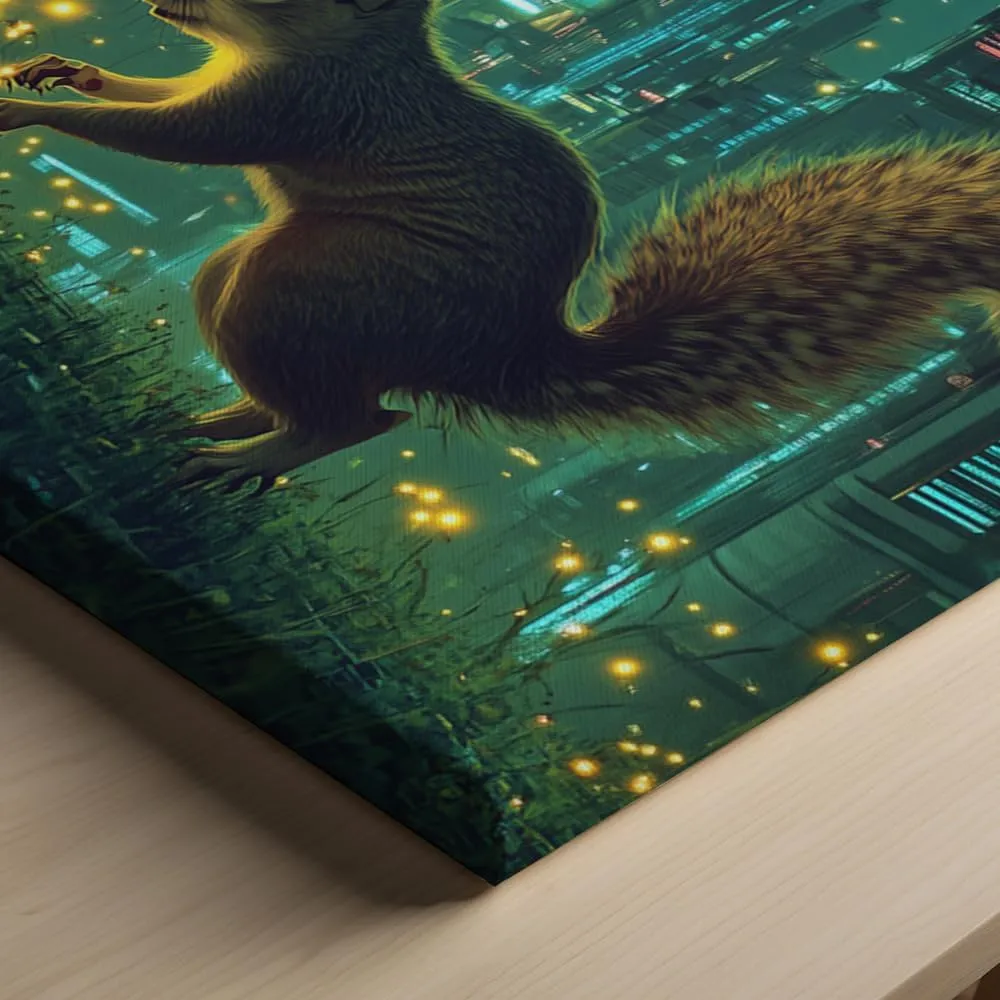 (11 x 14 x 1.25 IN) Gallery Wrapped Canvas Wall Art Print of Abstract Expressionism Wall Art Poster - Squirrel Chasing Fireflies in a Moonlit Meadow Surrounded by a Futuristic Cyber - 925UNCA0k79820WH