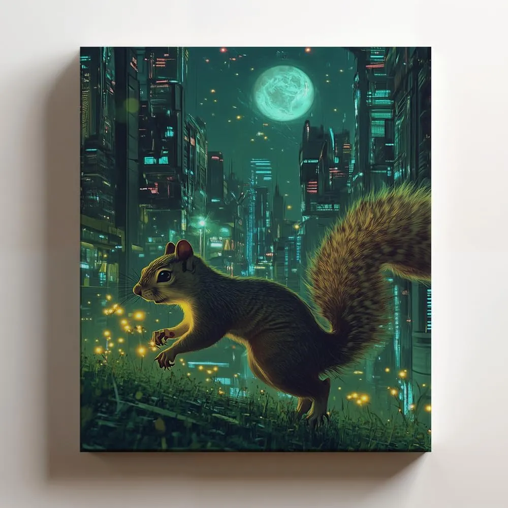 (11 x 14 x 1.25 IN) Gallery Wrapped Canvas Wall Art Print of Abstract Expressionism Wall Art Poster - Squirrel Chasing Fireflies in a Moonlit Meadow Surrounded by a Futuristic Cyber - 925UNCA0k79820WH