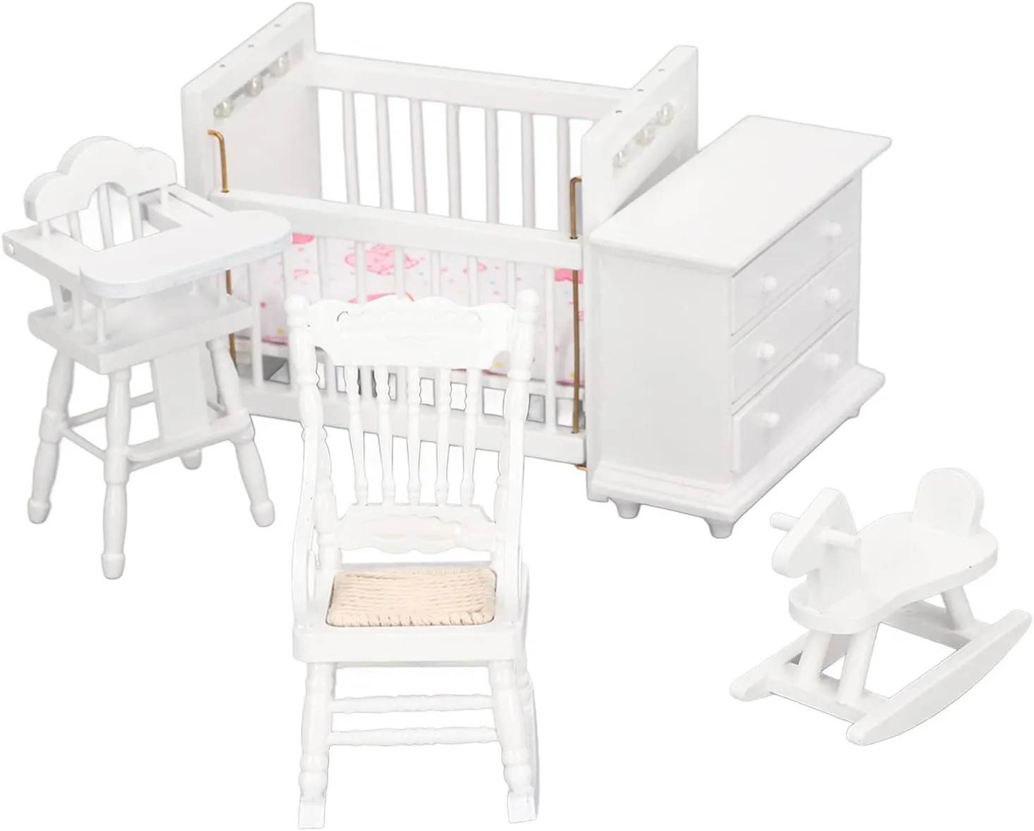 1:12 Dollhouse Baby Furniture Model Set Miniature Baby Crib Rocking Horse Chair Cabinet Decoration Accessories