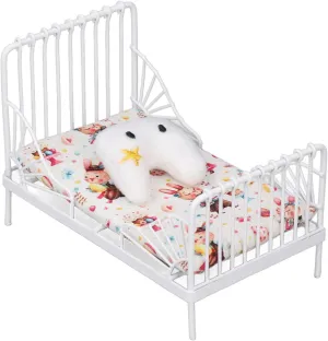 1:12 Scale Dollhouse, Furniture Mini Bed Set Decorative Pillow Metal Frame Lifelike Miniature Bed White (Bunny Pattern) Metal Dollhouse Bed