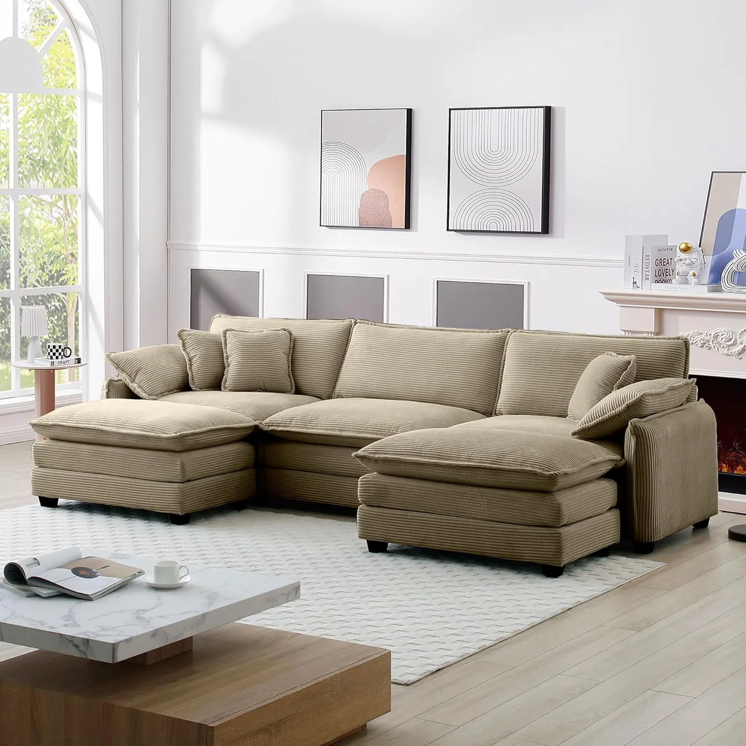 115" Oversize Modular Cloud Couch Sectional - Deep Seat U-Shaped Sofa, 3 Seats with 2 Ottomans,Pet-Friendly Fabric,Camel Corduroy