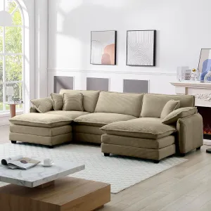 115" Oversize Modular Cloud Couch Sectional - Deep Seat U-Shaped Sofa, 3 Seats with 2 Ottomans,Pet-Friendly Fabric,Camel Corduroy