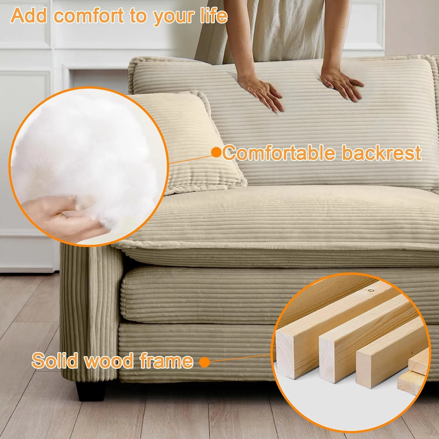 115" Oversize Modular Cloud Couch Sectional - Deep Seat U-Shaped Sofa, 3 Seats with 2 Ottomans,Pet-Friendly Fabric,Camel Corduroy