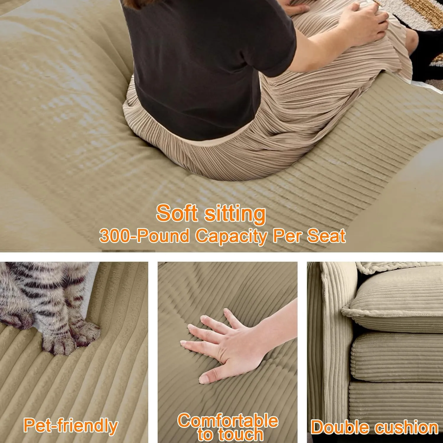 115" Oversize Modular Cloud Couch Sectional - Deep Seat U-Shaped Sofa, 3 Seats with 2 Ottomans,Pet-Friendly Fabric,Camel Corduroy