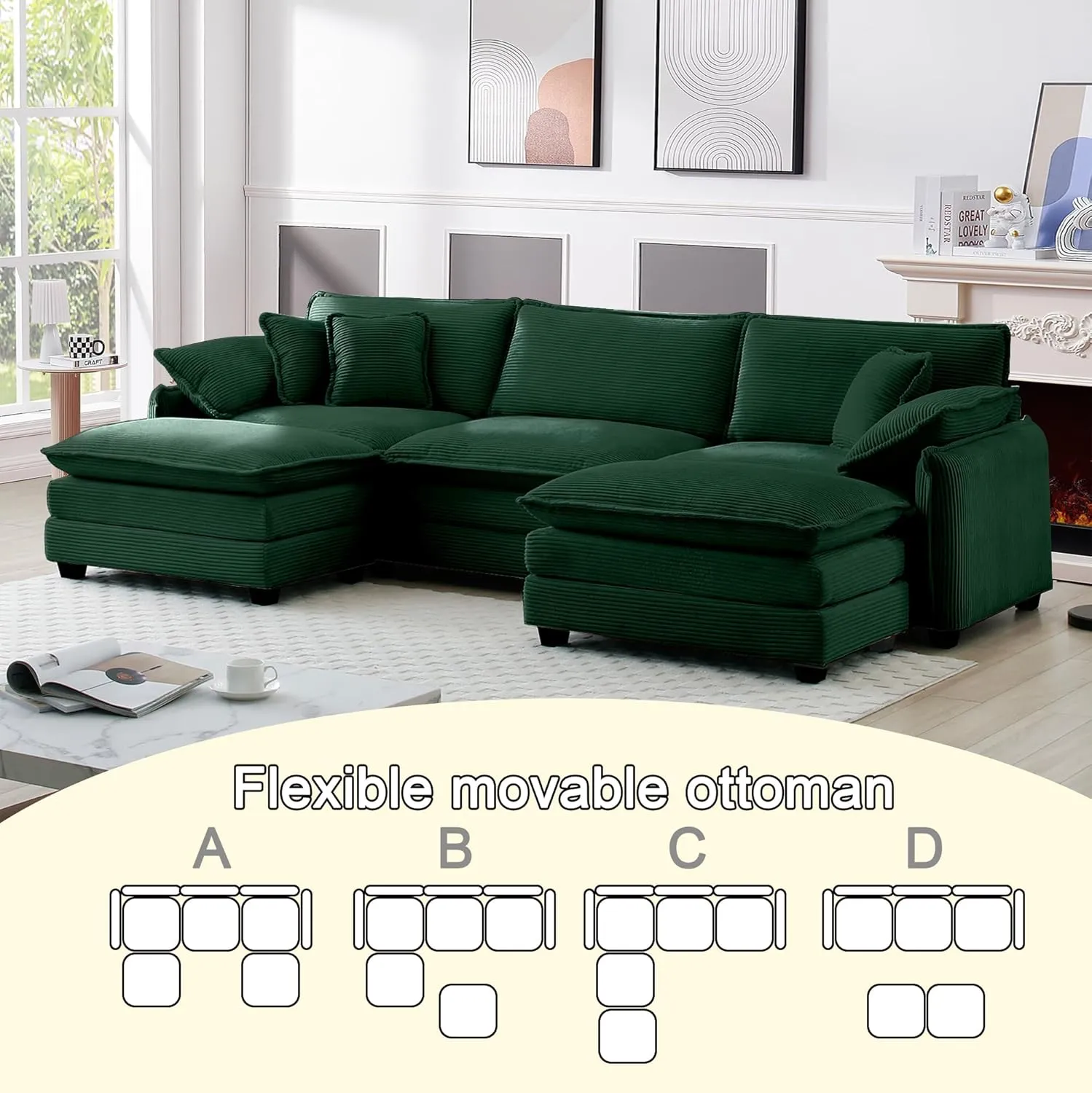 115" Oversize Modular Cloud Couch Sectional - Deep Seat U-Shaped Sofa, 3 Seats with 2 Ottomans,Pet-Friendly Fabric,Green Corduroy