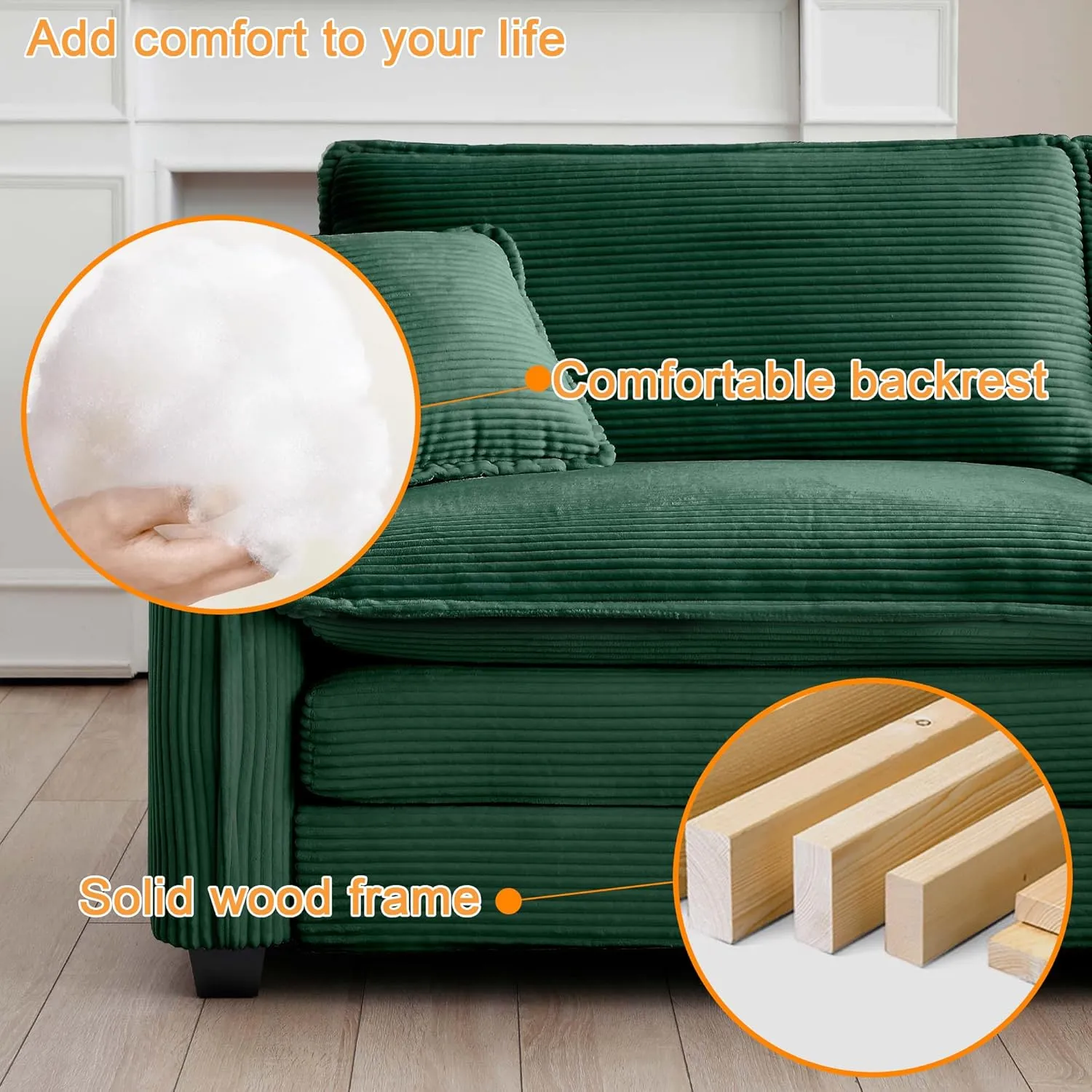 115" Oversize Modular Cloud Couch Sectional - Deep Seat U-Shaped Sofa, 3 Seats with 2 Ottomans,Pet-Friendly Fabric,Green Corduroy