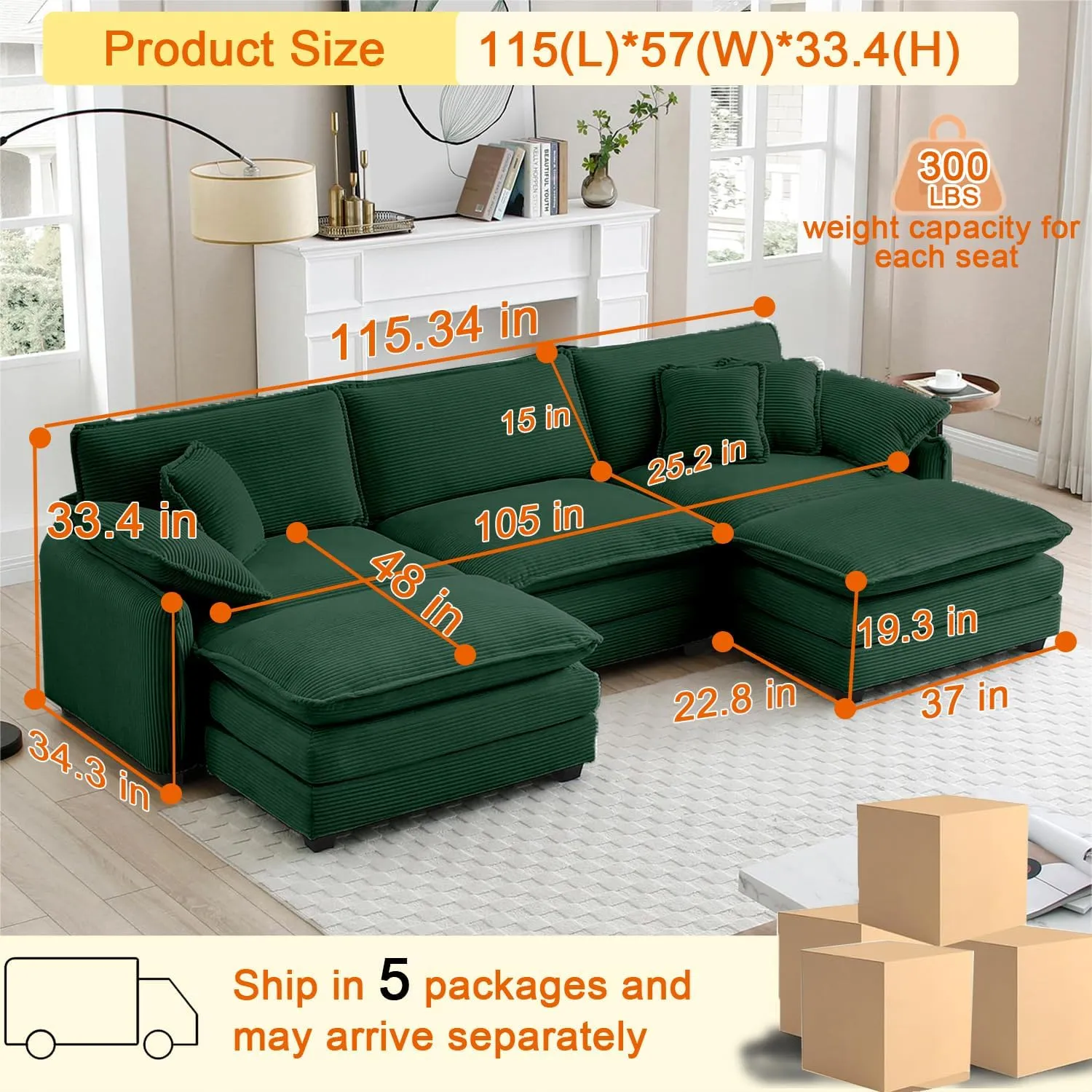 115" Oversize Modular Cloud Couch Sectional - Deep Seat U-Shaped Sofa, 3 Seats with 2 Ottomans,Pet-Friendly Fabric,Green Corduroy