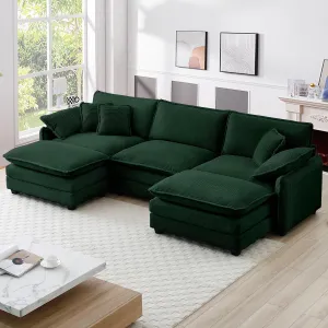 115" Oversize Modular Cloud Couch Sectional - Deep Seat U-Shaped Sofa, 3 Seats with 2 Ottomans,Pet-Friendly Fabric,Green Corduroy