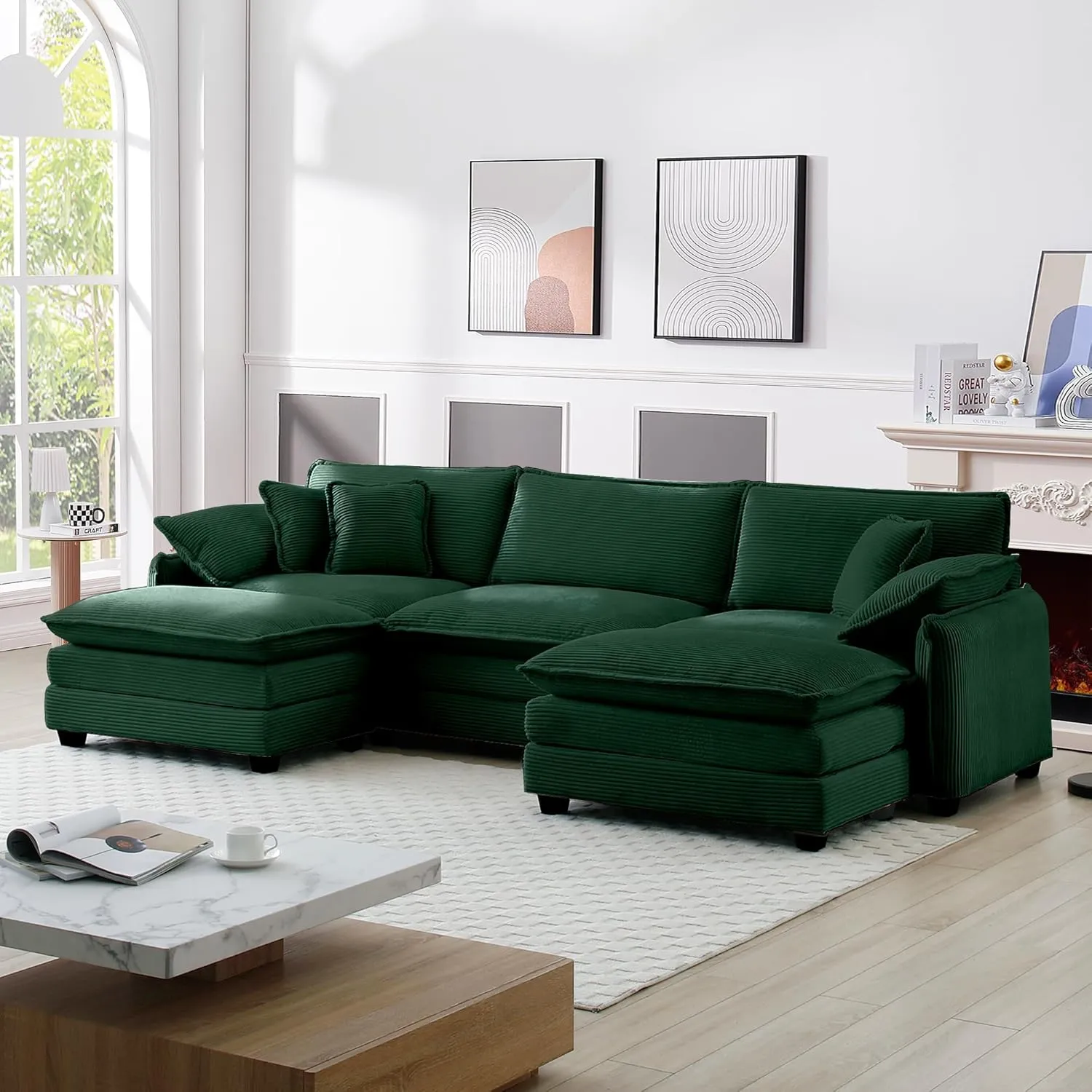 115" Oversize Modular Cloud Couch Sectional - Deep Seat U-Shaped Sofa, 3 Seats with 2 Ottomans,Pet-Friendly Fabric,Green Corduroy