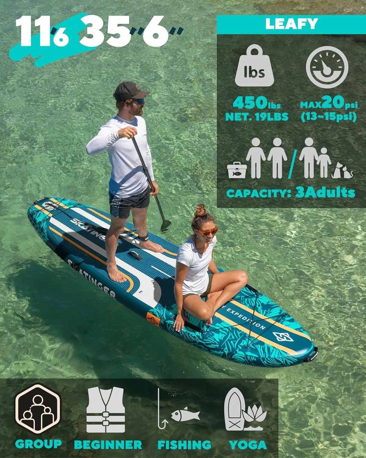 11'6×35" Super Wide Inflatable Paddle Board, Ultra Stable Stand Up Paddleboards for 450lb/3 People/Family/Big Size, Shoulder Strap, 5 Handles, 100L Backpack, All-Round Sup Board, US Fin