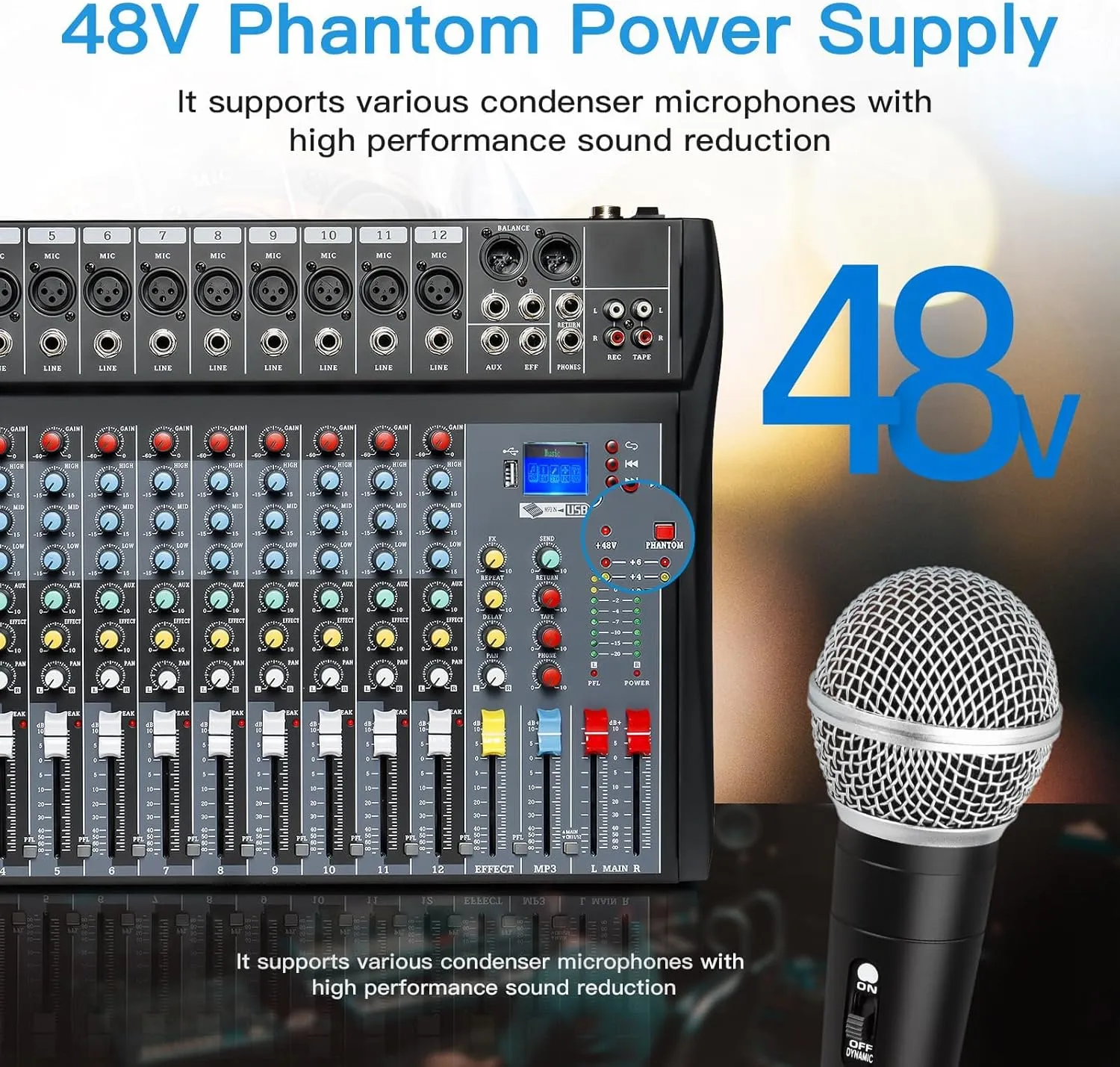 12 Channel Audio Mixer Sound Board DJ Mixer USB Audio Interface 48V Phantom Power Reverb Delay Effect Bluetooth USB MP3 Karaoke Mixer for PC Recording,Live Streaming