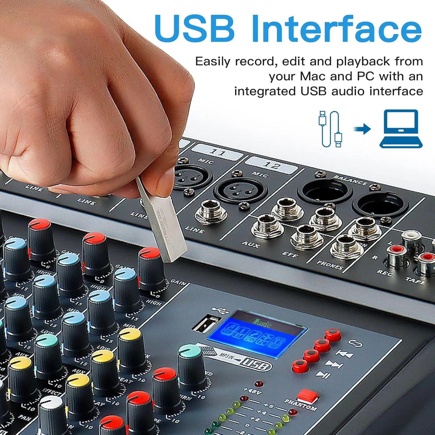 12 Channel Audio Mixer Sound Board DJ Mixer USB Audio Interface 48V Phantom Power Reverb Delay Effect Bluetooth USB MP3 Karaoke Mixer for PC Recording,Live Streaming