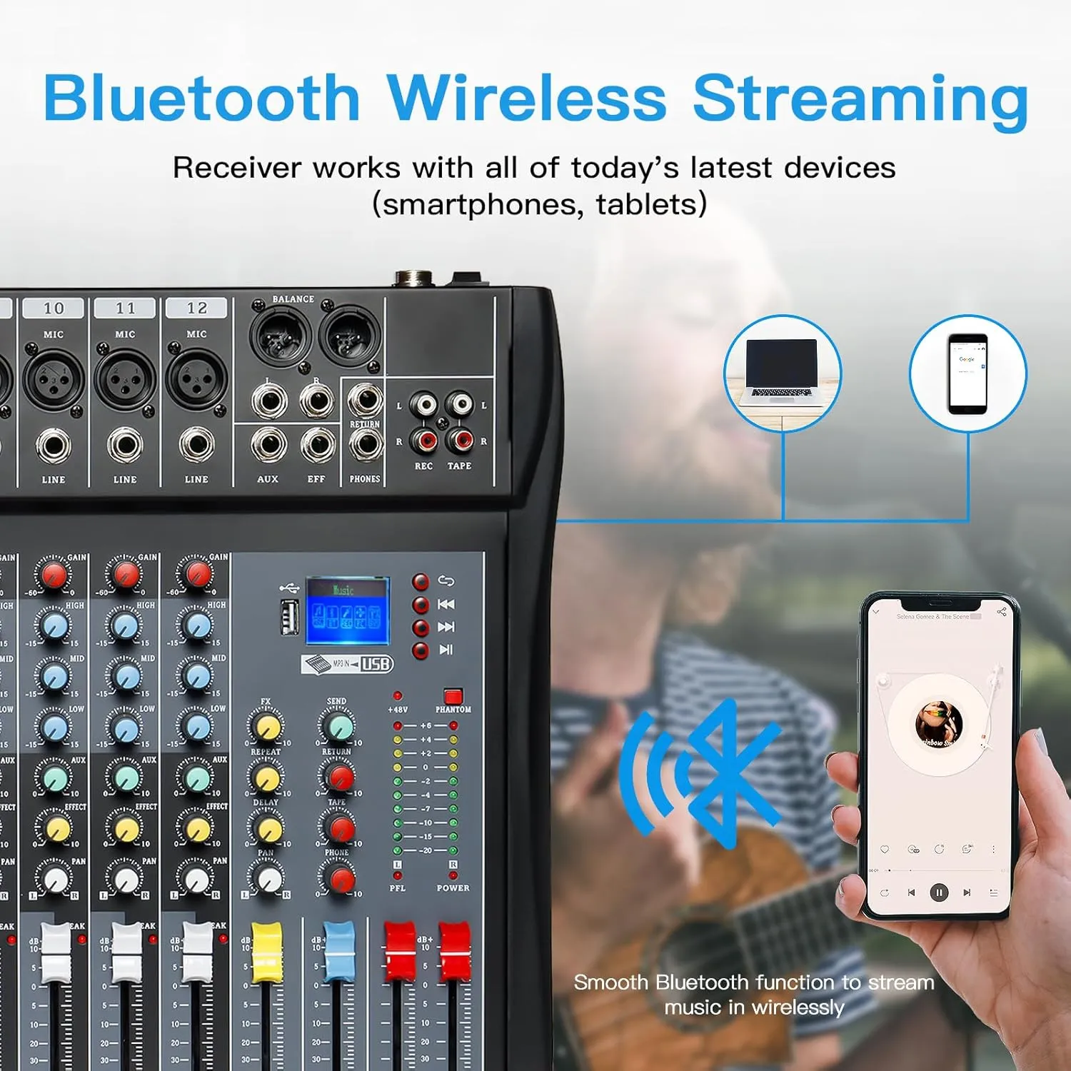 12 Channel Audio Mixer Sound Board DJ Mixer USB Audio Interface 48V Phantom Power Reverb Delay Effect Bluetooth USB MP3 Karaoke Mixer for PC Recording,Live Streaming