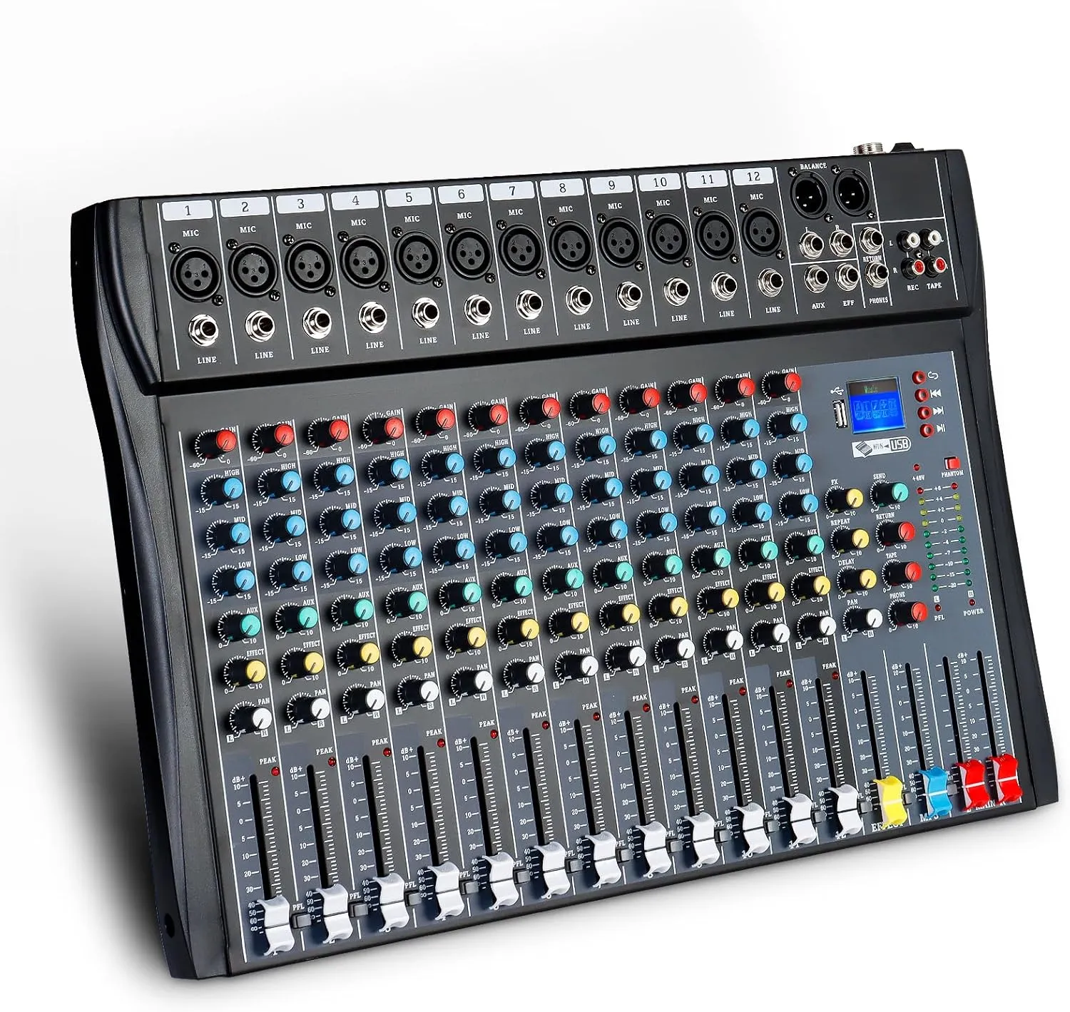 12 Channel Audio Mixer Sound Board DJ Mixer USB Audio Interface 48V Phantom Power Reverb Delay Effect Bluetooth USB MP3 Karaoke Mixer for PC Recording,Live Streaming