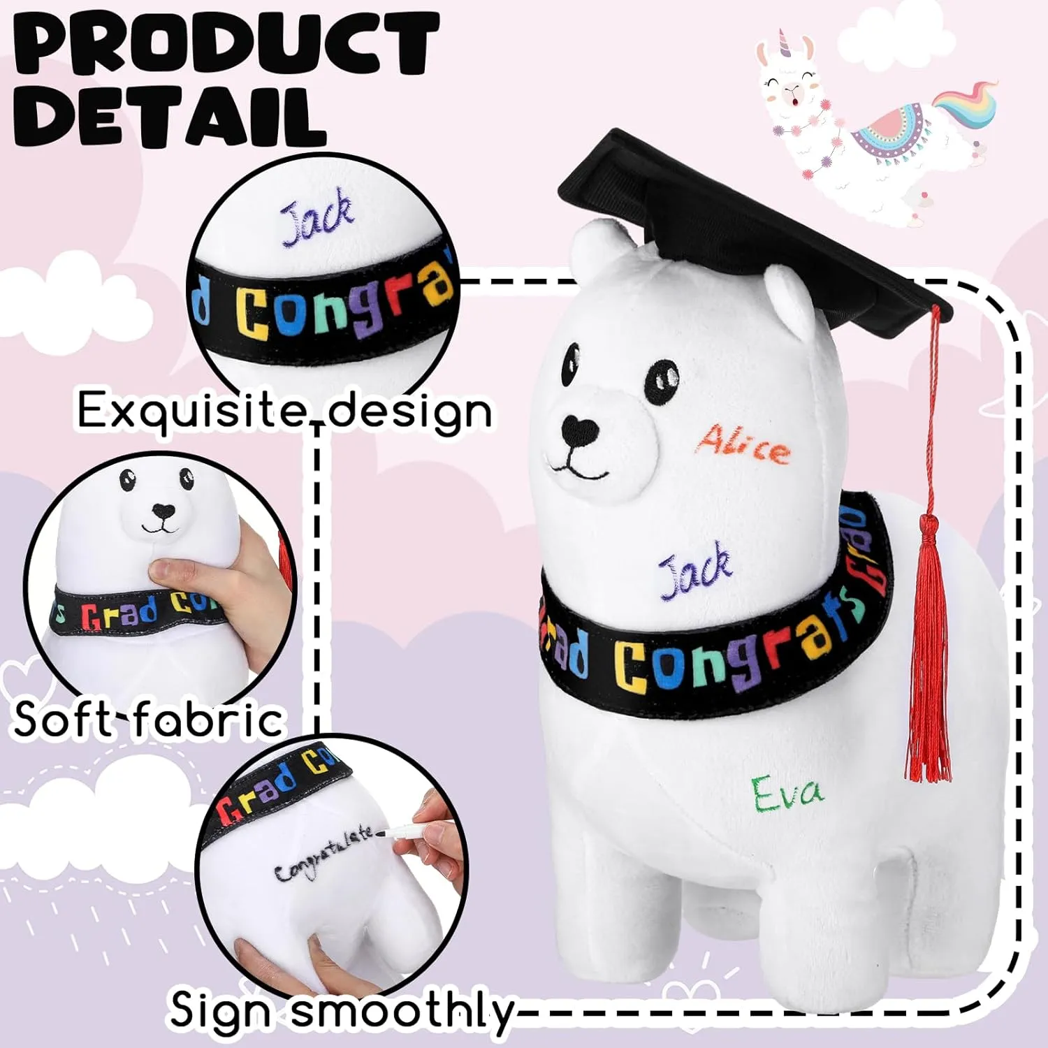 12 Inch Graduation Autograph Stuffed Animal Llama Plush with Graduation Cap Smooth Fabric Congrats Grad Stuffed Llama with 8 Colored Marking Pens for Graduate Student Party Supply
