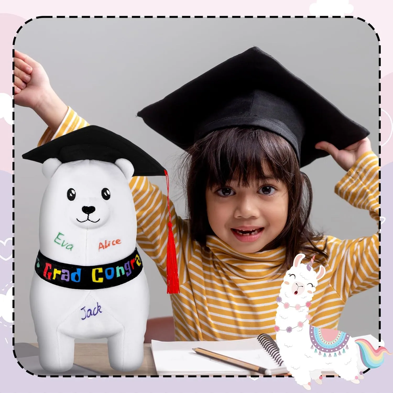 12 Inch Graduation Autograph Stuffed Animal Llama Plush with Graduation Cap Smooth Fabric Congrats Grad Stuffed Llama with 8 Colored Marking Pens for Graduate Student Party Supply