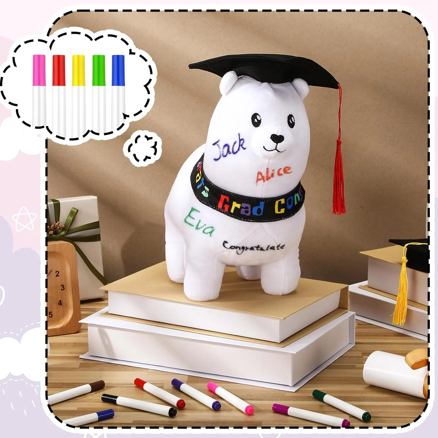 12 Inch Graduation Autograph Stuffed Animal Llama Plush with Graduation Cap Smooth Fabric Congrats Grad Stuffed Llama with 8 Colored Marking Pens for Graduate Student Party Supply