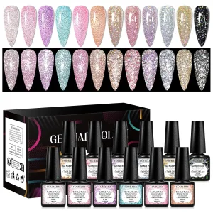 12 Pcs Reflective Glitter Gel Nail Polish, Shimmery Gel Polish Set Sparkly Shiny Gel Soak Off UV LED Nail Art Varnish Manicure Kit DIY at Home