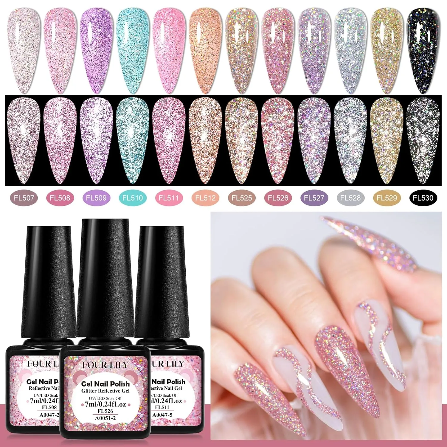 12 Pcs Reflective Glitter Gel Nail Polish, Shimmery Gel Polish Set Sparkly Shiny Gel Soak Off UV LED Nail Art Varnish Manicure Kit DIY at Home