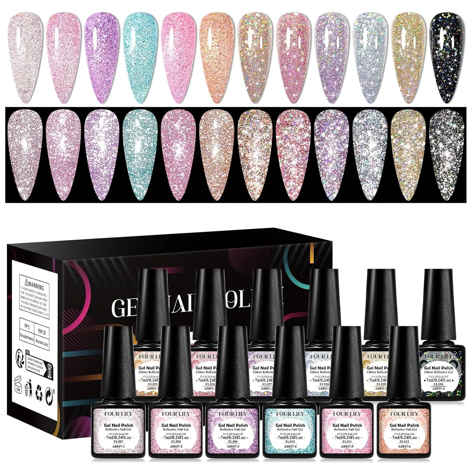 12 Pcs Reflective Glitter Gel Nail Polish, Shimmery Gel Polish Set Sparkly Shiny Gel Soak Off UV LED Nail Art Varnish Manicure Kit DIY at Home