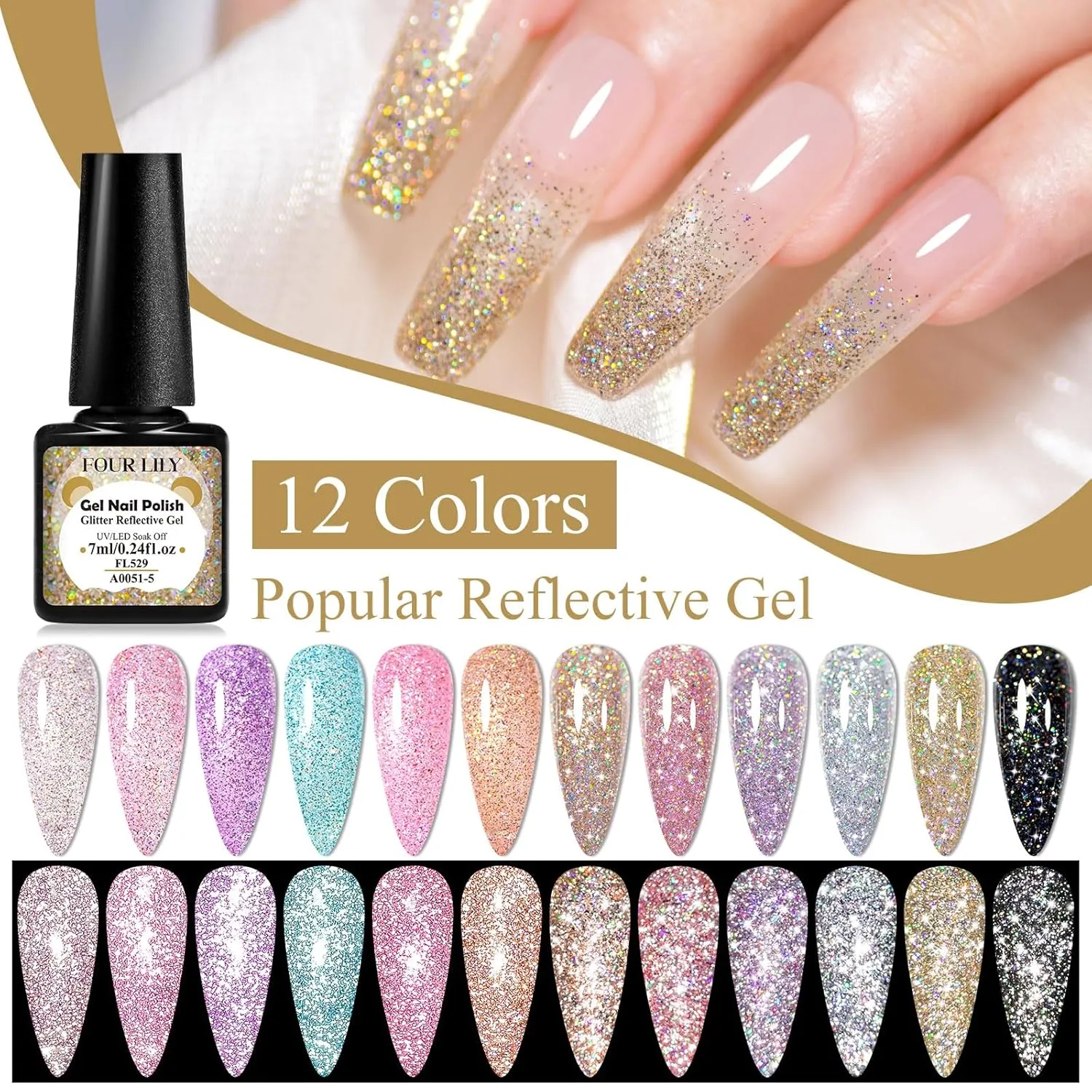 12 Pcs Reflective Glitter Gel Nail Polish, Shimmery Gel Polish Set Sparkly Shiny Gel Soak Off UV LED Nail Art Varnish Manicure Kit DIY at Home