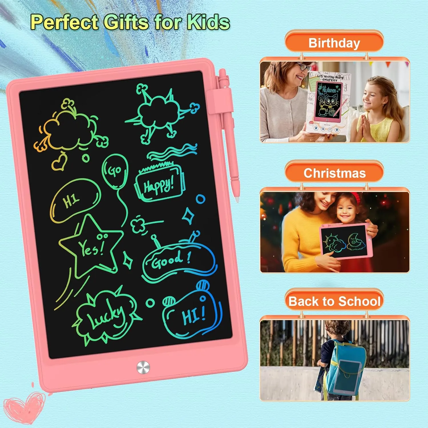 12.9 Inch LCD Writing Tablet for Kids, Colorful Toddler Doodle Board - Erasable Drawing Pad, Educational Learning Toy for Ages 3-8 - Valentine's Day Christmas Birthday Gifts (12.9 Inch, Pink)
