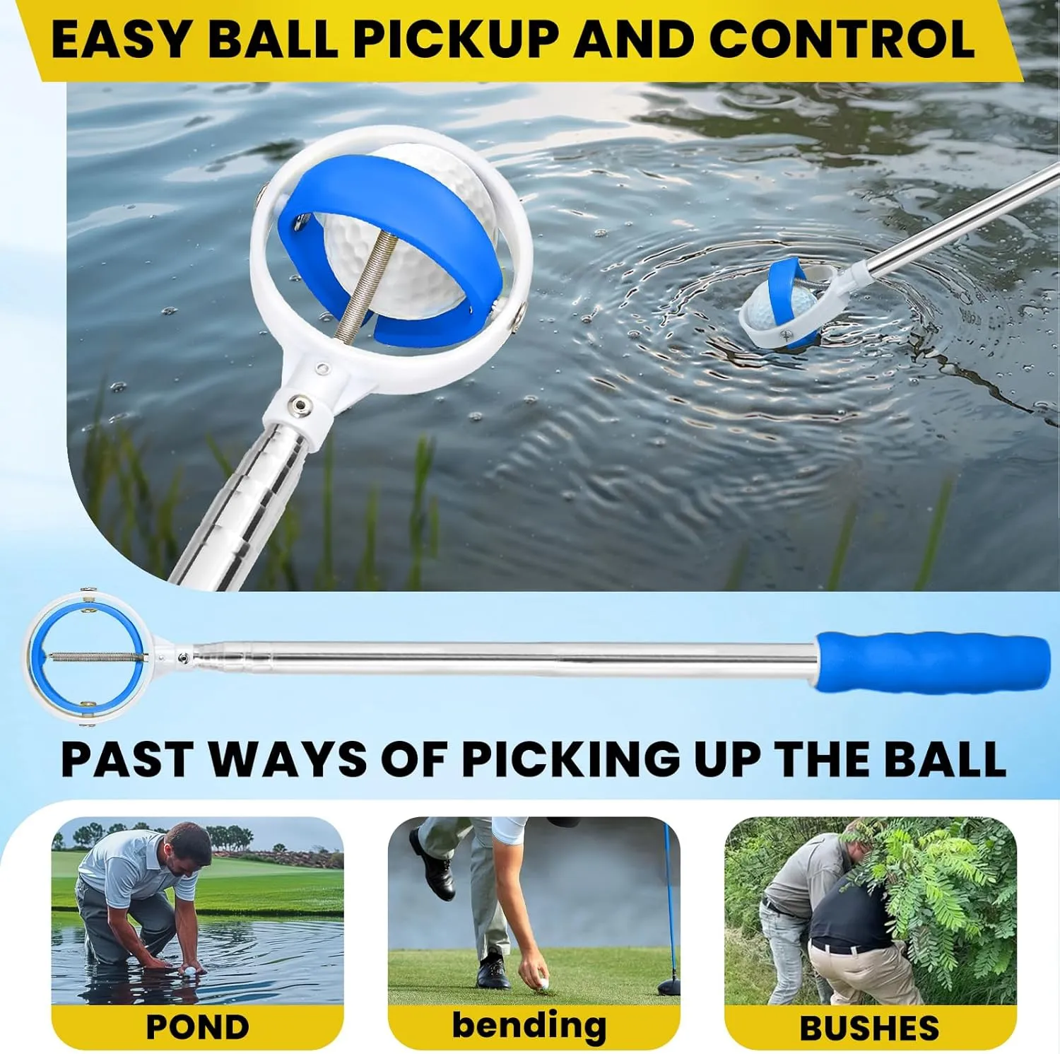 12Ft/9Ft Golf Ball Retriever Telescopic for Water, Golf Ball Grabber Stainless Steel Ball Retriever Tool Golf Ball Picker