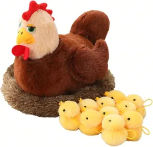 12PS Chicken Stuffed Animal 11.8", Mother Hen with 10 Baby Chicks and Nest, Interactive Farm Animal Plush Toy for Kids and Collectors, Creative Easter Birthday