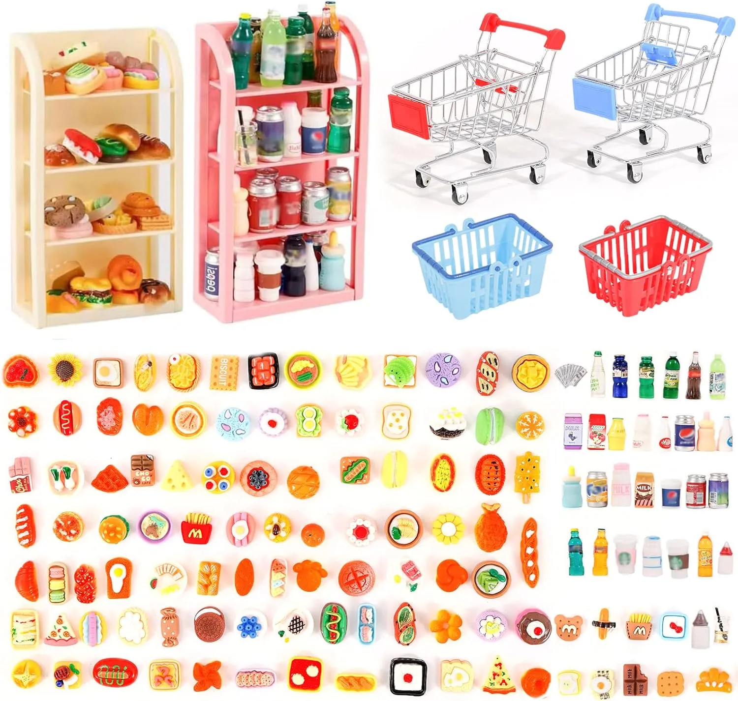 136 Pcs Mini Shopping Cart Basket Miniature Food Drink Bottle Supermarket Metal Handcart Toys Doll House Store Cosplay Game Dollhouse Grocery Bread Party Trolley Model Dollar Bills Small Shelves