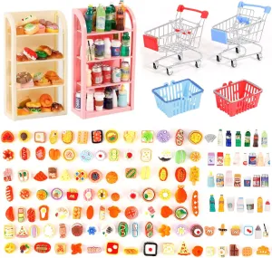 136 Pcs Mini Shopping Cart Basket Miniature Food Drink Bottle Supermarket Metal Handcart Toys Doll House Store Cosplay Game Dollhouse Grocery Bread Party Trolley Model Dollar Bills Small Shelves