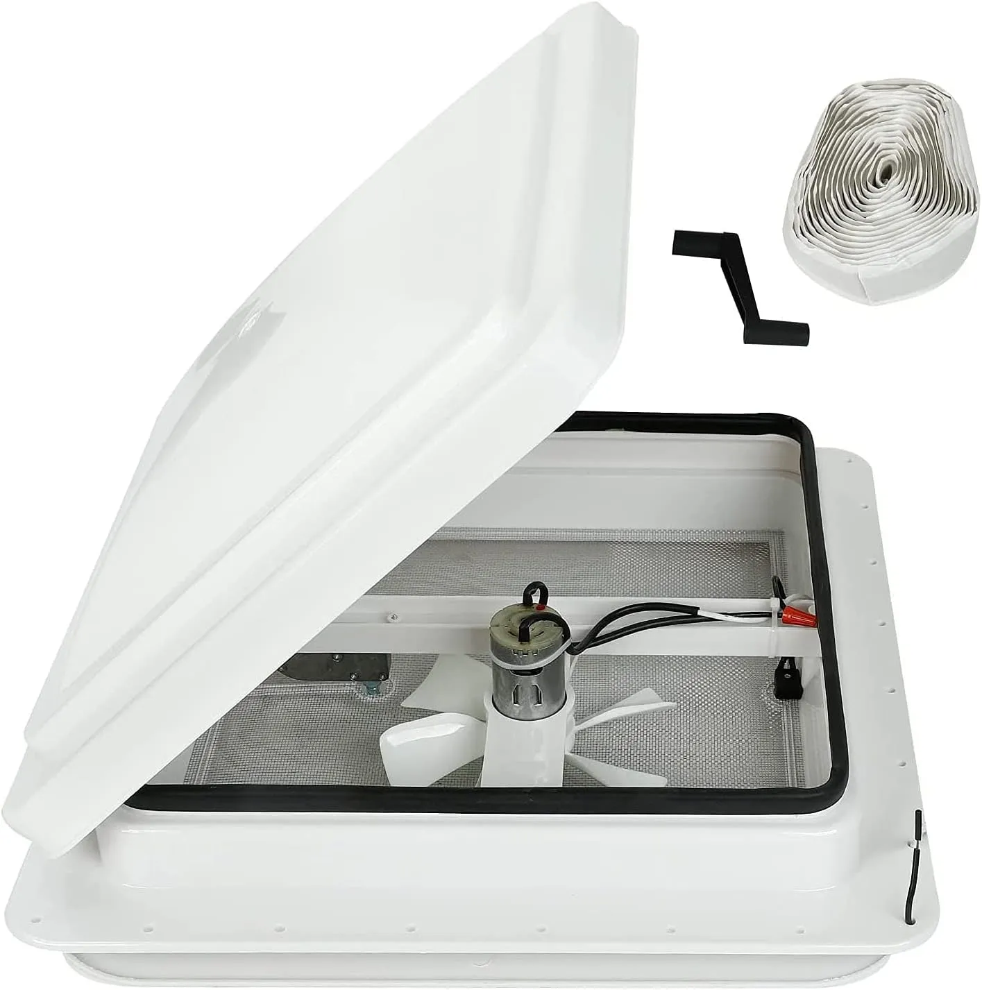 14" RV Roof Vent for Camper Trailer Universal White Lid Roof Vent with 12V RV Vent Fan 6" Blades White lid Inner for Garnish Ring