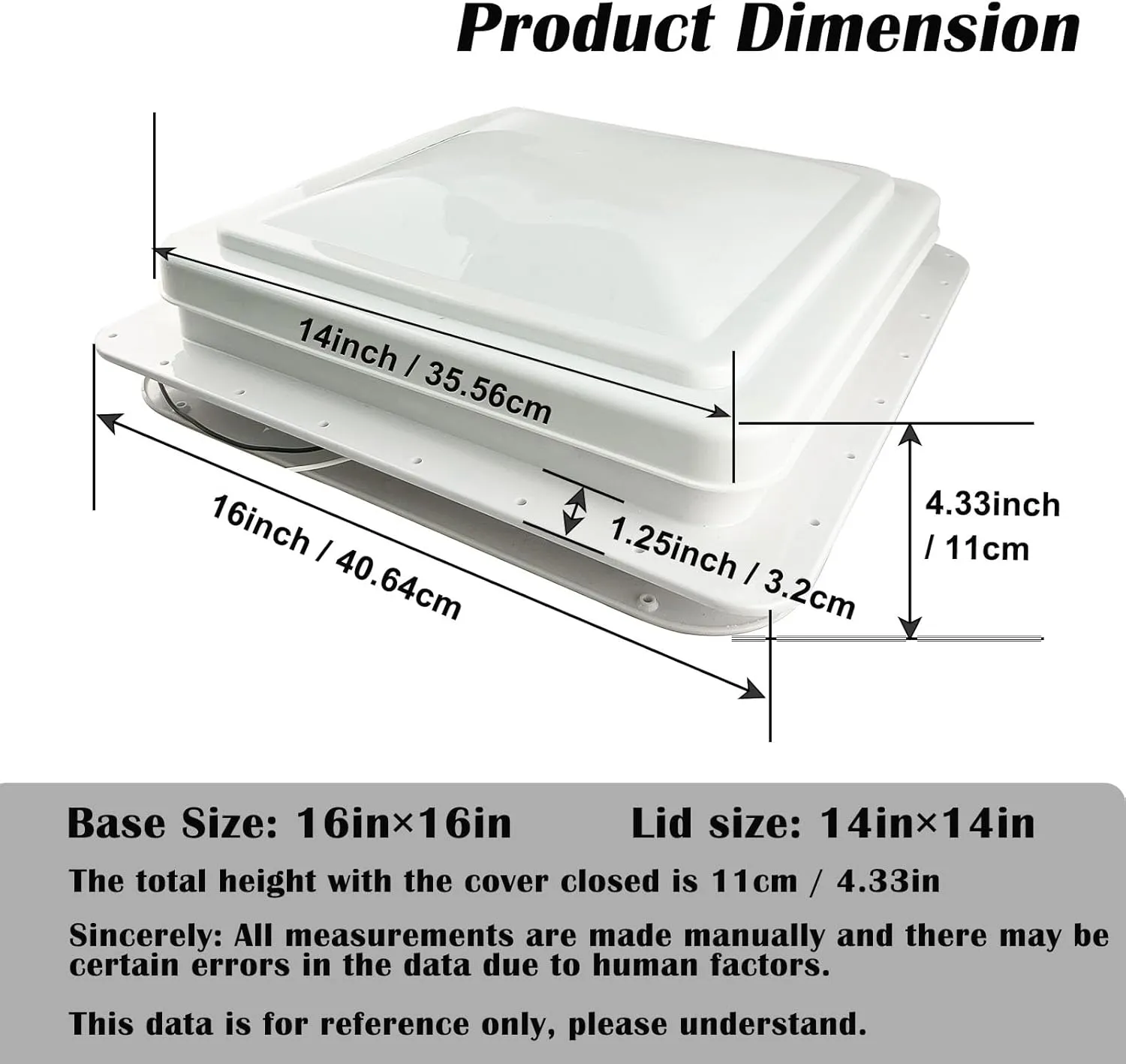 14" RV Roof Vent for Camper Trailer Universal White Lid Roof Vent with 12V RV Vent Fan 6" Blades White lid Inner for Garnish Ring