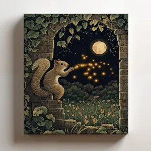 (16 x 20 x 1.25 IN) Gallery Wrapped Canvas Wall Art Print of Cubism Poster: Enchanting Squirrel Chasing Fireflies Under Moonlit Skies in a Mystical Ancient Jungle Ruin, Perfect Wall - 925UNCA0k75308WH