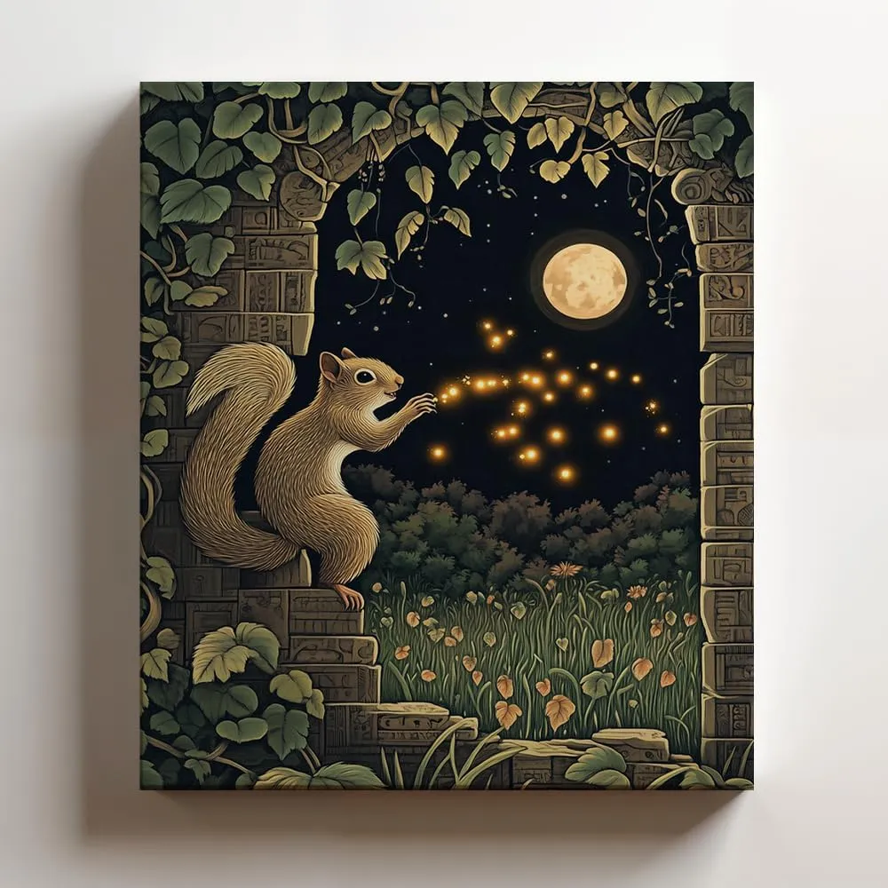 (16 x 20 x 1.25 IN) Gallery Wrapped Canvas Wall Art Print of Cubism Poster: Enchanting Squirrel Chasing Fireflies Under Moonlit Skies in a Mystical Ancient Jungle Ruin, Perfect Wall - 925UNCA0k75308WH
