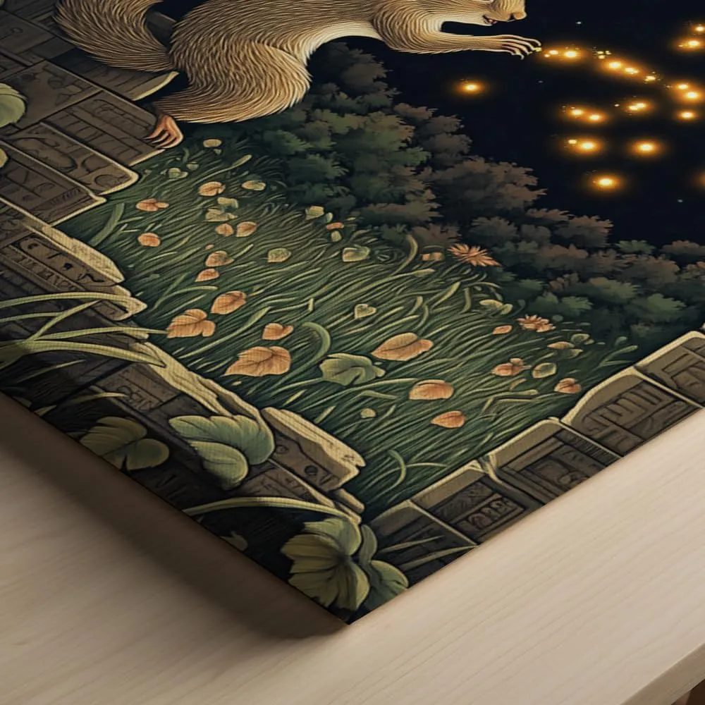 (16 x 20 x 1.25 IN) Gallery Wrapped Canvas Wall Art Print of Cubism Poster: Enchanting Squirrel Chasing Fireflies Under Moonlit Skies in a Mystical Ancient Jungle Ruin, Perfect Wall - 925UNCA0k75308WH