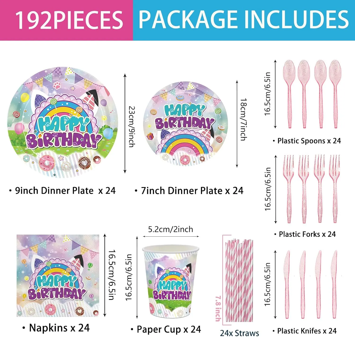 192pcs Dollhouse Plates Napkins Dollhouse Party Supplies Disposable Paper Cups Straws Cartoon Birthday Party Decorations Tableware Set for Kids Girls Birthday Decor 24 Guests