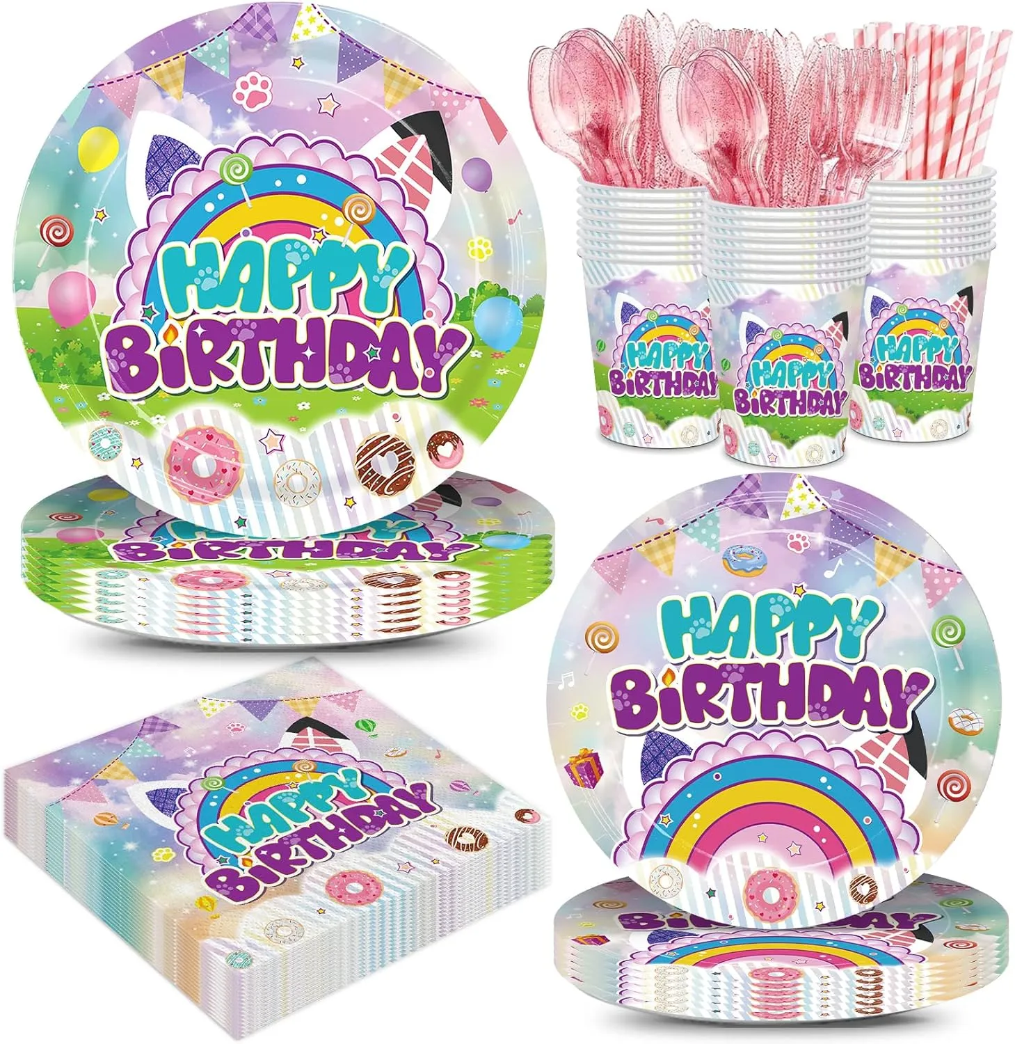 192pcs Dollhouse Plates Napkins Dollhouse Party Supplies Disposable Paper Cups Straws Cartoon Birthday Party Decorations Tableware Set for Kids Girls Birthday Decor 24 Guests