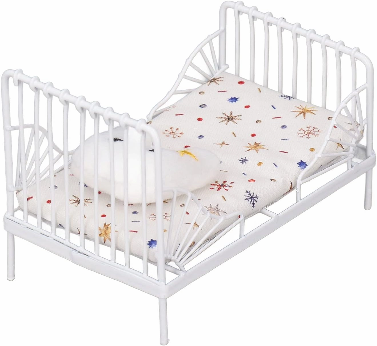 1:12 Scale Dollhouse, Furniture Mini Bed Set Decorative Pillow Metal Frame Lifelike Miniature Bed White (Star Pattern) Mini Doll