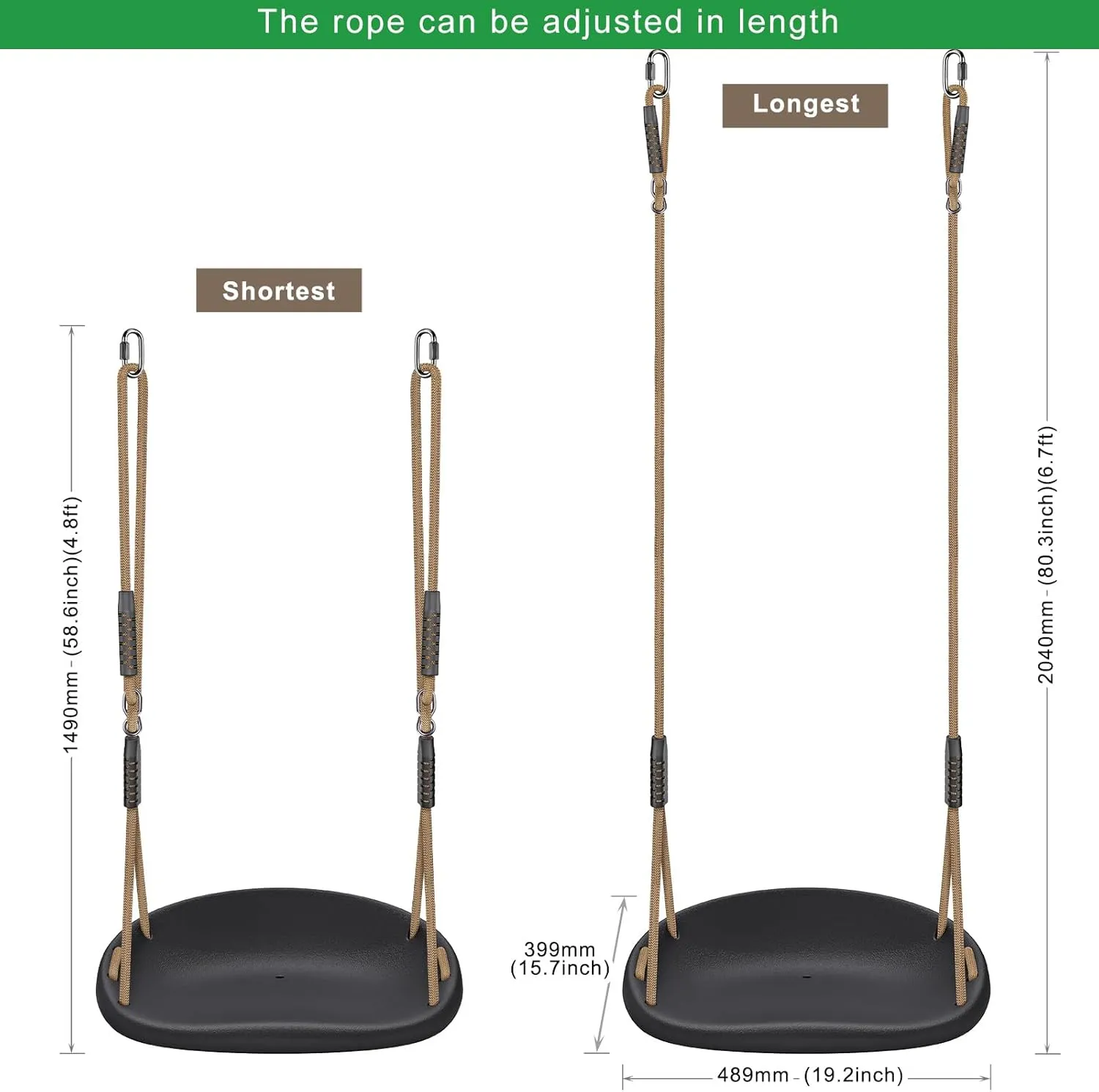 2 Pack 500LB Capacity Heavy Duty Swing Seat with Wider Swing Board & Height Adjustable Rope from 50 to 80 inch Swings Set Swings for Playground Backyard Patio Garden Black