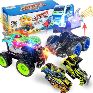 2 Pack Exploding Monster Truck Toy with Interchangeable Dinosaur & Truck Bodies, Friction-Powered Light-Up Cars with Sounds, Birthday Gift for Boys Ages 4-7, Easter Basket Stuffer, Kids Car Toys