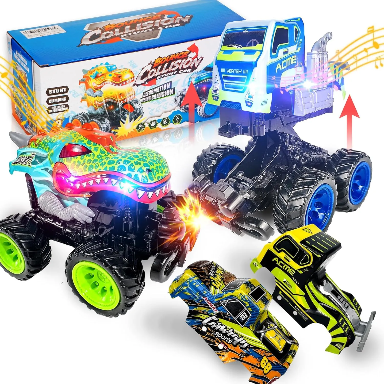 2 Pack Exploding Monster Truck Toy with Interchangeable Dinosaur & Truck Bodies, Friction-Powered Light-Up Cars with Sounds, Birthday Gift for Boys Ages 4-7, Easter Basket Stuffer, Kids Car Toys