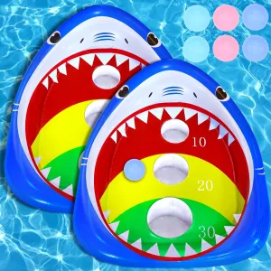 2 Pack Pool Shark Cornhole Board Games Toys Set, Summer Inflatable Shark Floating Swimming Pool Ring Toss Toys for Kids Adults Family for Pool Party Water Carnival