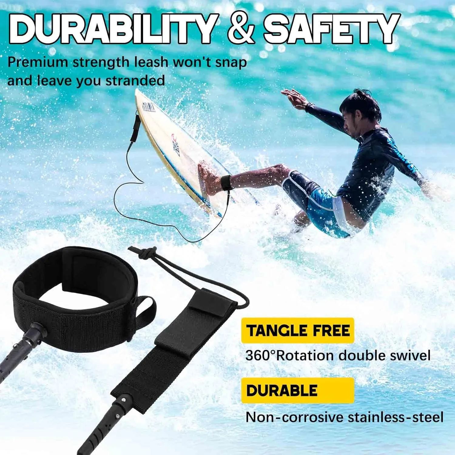 2 Pcs Surf Leash 6/7/8 ft Straight Surf Board Leashes 6/7mm Surfboard Leash Legrope Wrist Strap for Paddleboard, Shortboard, Longboard, Surfboards