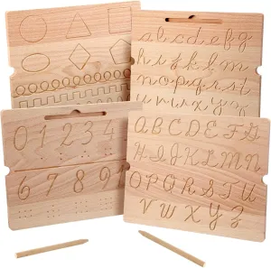 2 Pcs Wood Cursive Alphabet Number Tracing Board Montessori Letter Tracing Board Writing Tools Double Sided with Wooden Pen Letter Tracing Learn to Write for Boys Girls Preschool Classroom